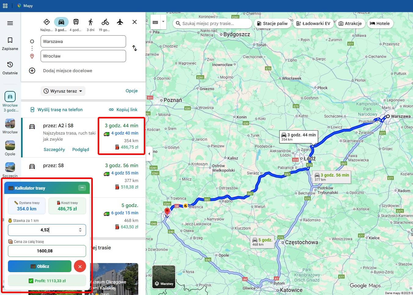 Czas ciężarówki i koszt paliwa w Google Maps