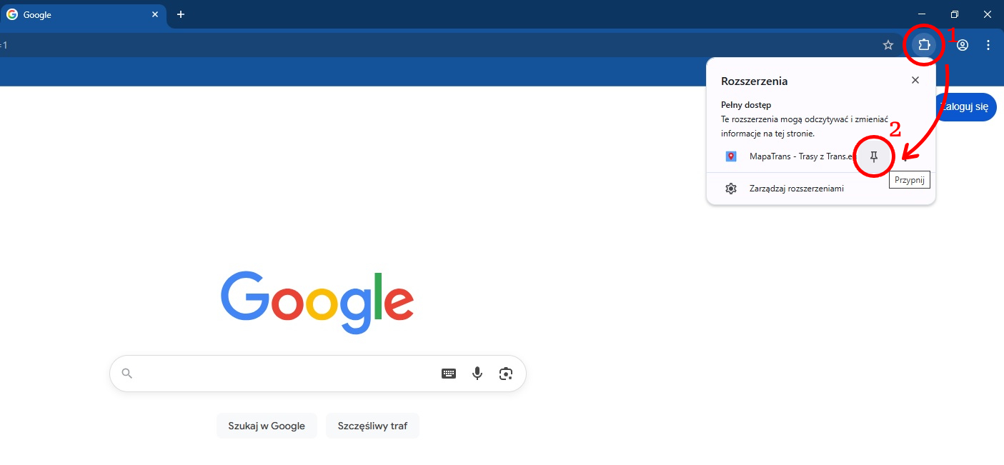 Przypięcie rozszerzenia MapaTrans do paska