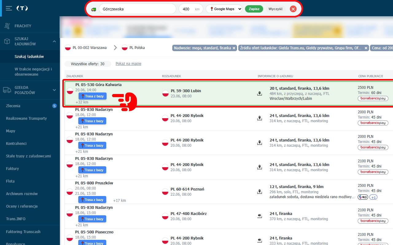 Przyciski tras w Trans.eu