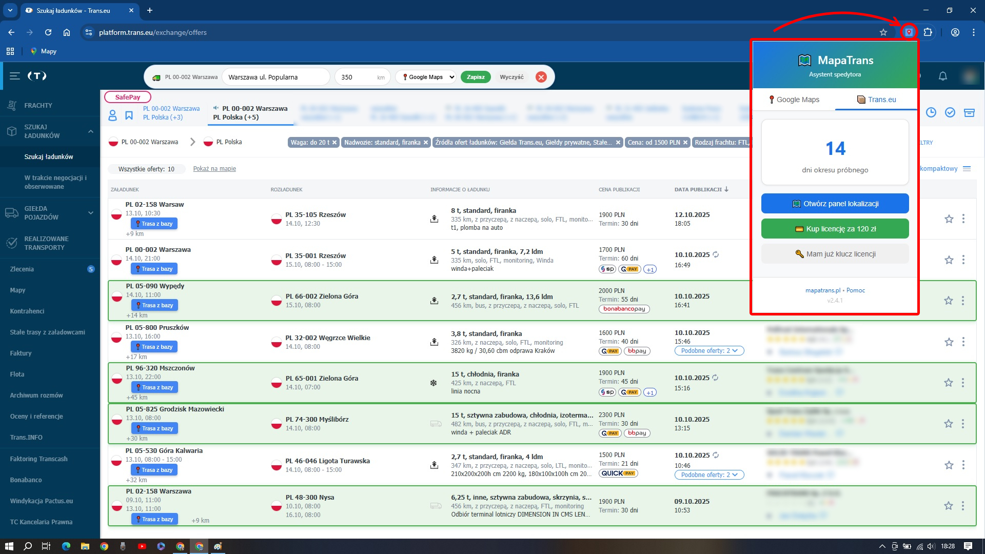 Włączenie rozszerzenia MapaTrans w przeglądarce